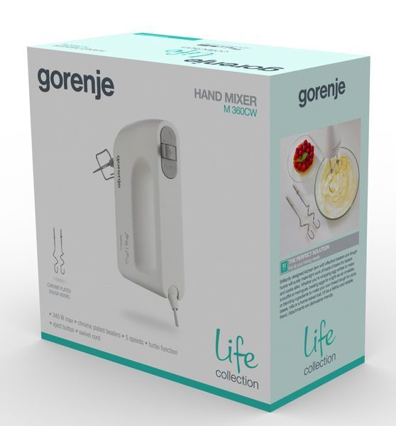 Міксер Gorenje ручний 345Вт, насадки-4, турборежим, білий (M360CW) 371014 фото