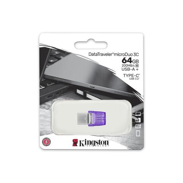 Накопичувач Kingston 64GB USB 3.2 Type-A Gen1 + Type-C DT microDuo 3C R200MB/s (DTDUO3CG3/64GB) 375868 фото
