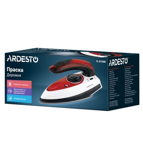 Праска Ardesto дорожня TI-S1200, 1000Вт, 70мл, паровий удар, постійна пара - 15гр, керам. підошва, біло-червоний 375041 фото