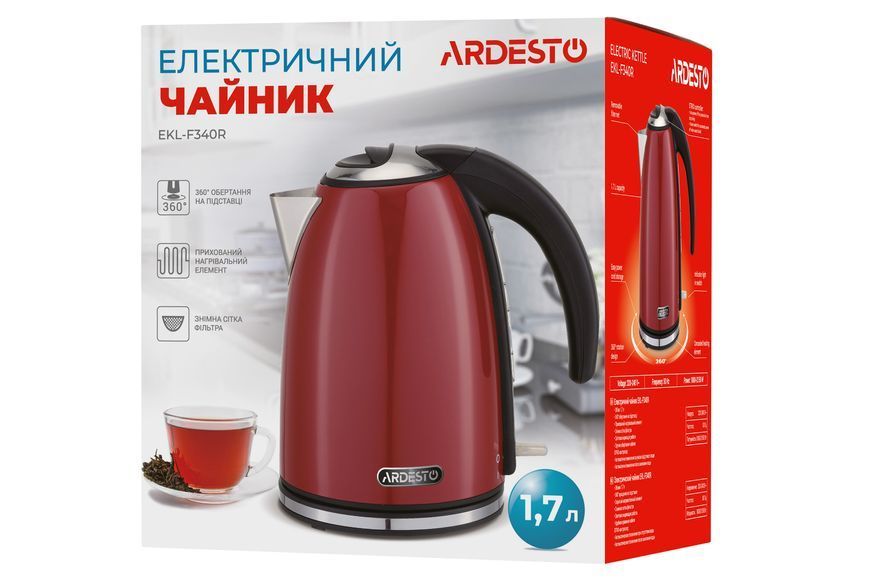 Електрочайник Ardesto 1.7л, Strix, метал, червоний глянець (EKL-F340R) 368428 фото