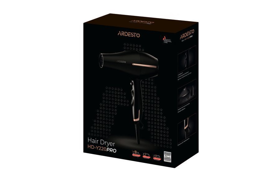 Фен Ardesto HD-Y220PRO, 1850-2200Вт, 2 швидкості, 3 темп.режими, дифузор,чорний+золото 367501 фото