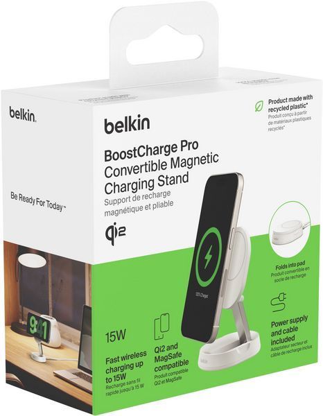 Зарядний пристрій бездротовий Belkin 15Вт Magnetic Stand Qi2, адаптер 20Вт USB-C, білий (WIA008VFWH) 372635 фото