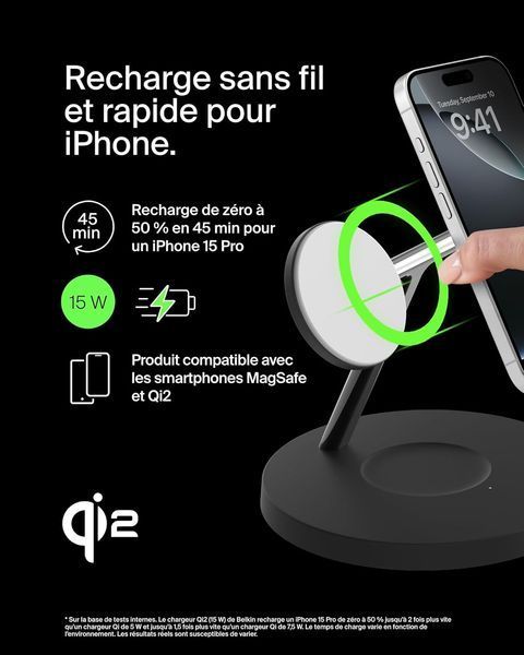 Зарядний пристрій бездротовий Belkin 3в1 Magnetic Pad Qi2 15Вт, чорний (WIZ032KQBK) 371385 фото