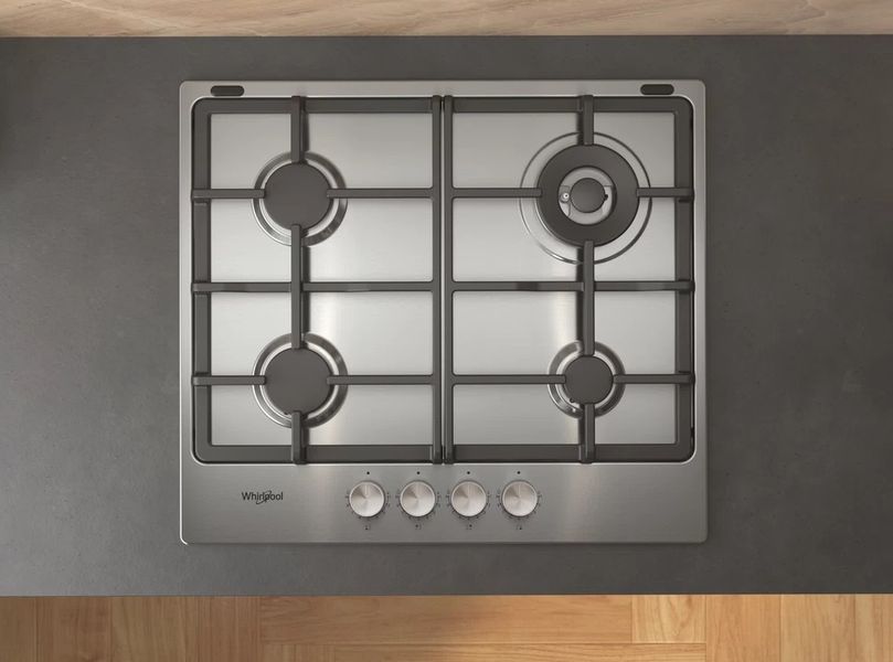Варильна поверхня Whirlpool газова, 60см, чавун, конфорка з подвійним рядом полум'я, нерж (TKRL661IXEU) 369365 фото