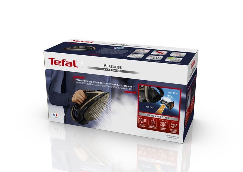 Праска Tefal Puregliss, 3000Вт, 270мл, паровий удар -280гр, постійна пара - 50гр, керам. підошва, чорно-мідний (FV8064E0) 375675 фото