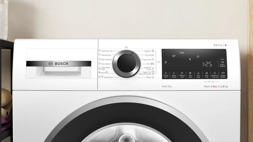 Прально-сушильна машина Bosch фронтальна, 10.5(6)кг, 1400, A, 60см, дисплей, інвертор,білий (WNA25401ME) 375465 фото