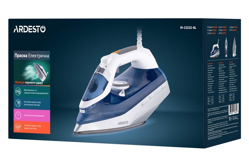 Праска Ardesto IR-C2232-BL, 2200Вт, 320мл, паровий удар, керам. підошва, синій 374601 фото