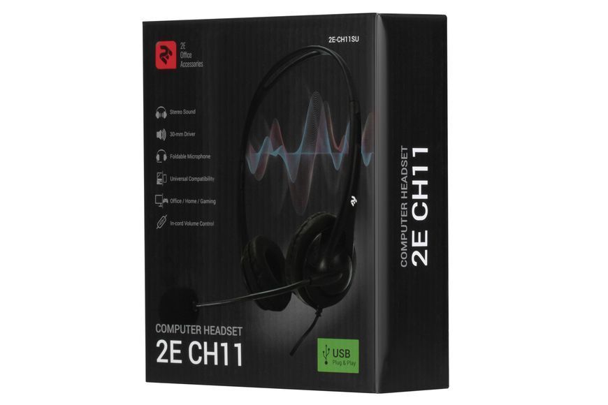 Гарнітура ПК стерео On-ear 2E CH11 USB, omni-mic, 2м, чорний (2E-CH11SU) 364948 фото