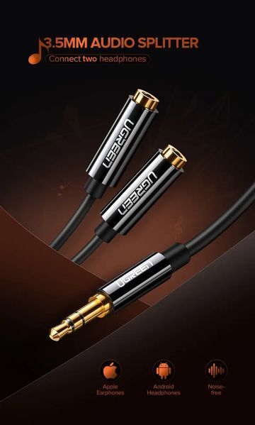 Кабель UGREEN AV134 3.5mm Male To 2 Female Audio Cable 25cm Black (20816) 279073 фото