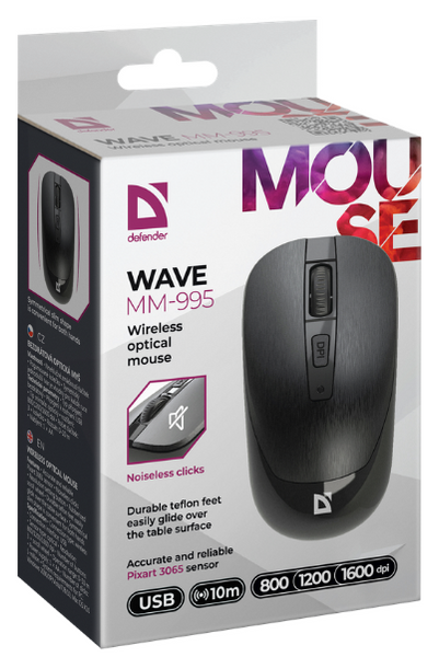 Миша DEFENDER (52995) Wave MM-995, 4D, 800-1600dpi, BLACK, wireless, silent 307012 фото