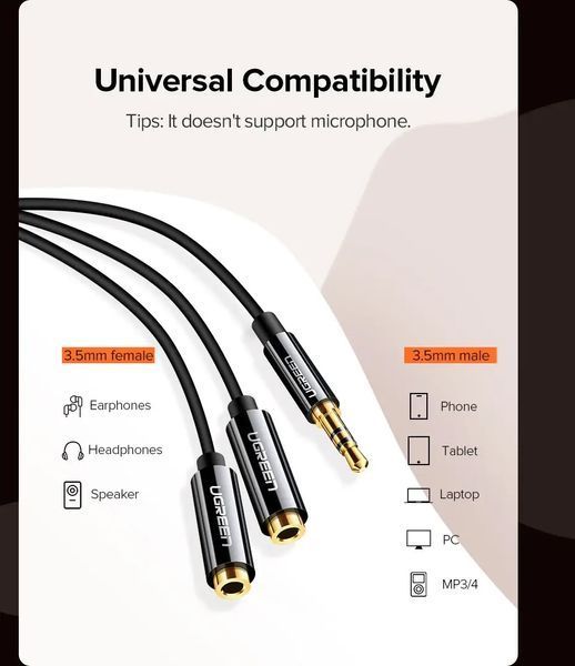 Кабель UGREEN AV134 3.5mm Male To 2 Female Audio Cable 25cm Black (20816) 279073 фото
