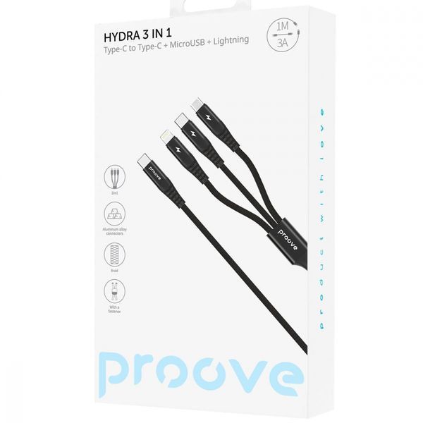 Кабель Proove Hydra 3 in1 Type-C + Micro USB + Lightning (1m) (CCHY15012101) black 342426 фото