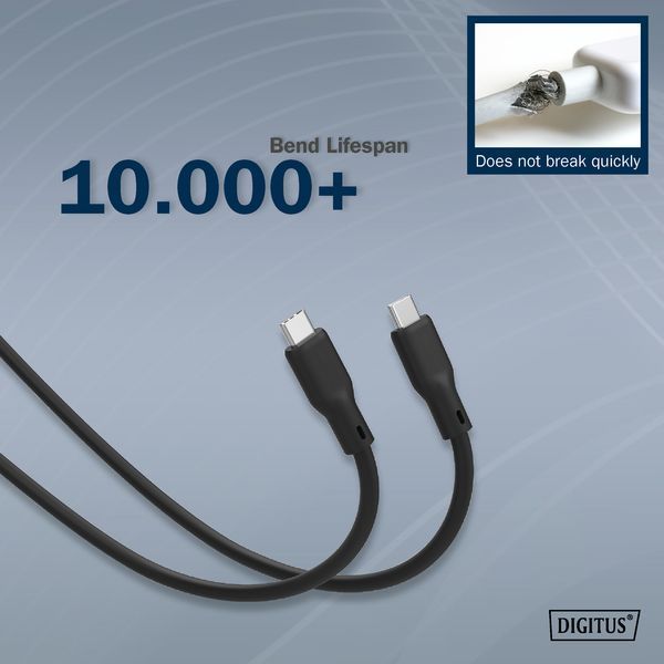 Кабель DIGITUS USB-C заряджання/синхронізації, USB 3.2 Gen 2, 10G, 100W, 4K, силіконовий, 1м, чорний (AK-300342-010-S) 368818 фото