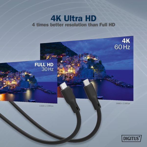 Кабель DIGITUS USB-C заряджання/синхронізації, USB 3.2 Gen 2, 10G, 100W, 4K, силіконовий, 1м, чорний (AK-300342-010-S) 368818 фото
