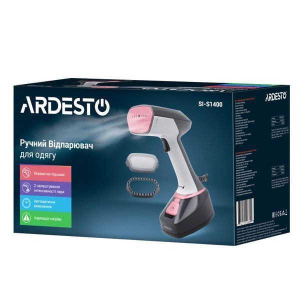Відпарювач Ardesto ручний SI-S1400, 1400Вт, 280мл, паровий удар, постійна пара - 22гр, керам. підошва, біло-чорний 375498 фото
