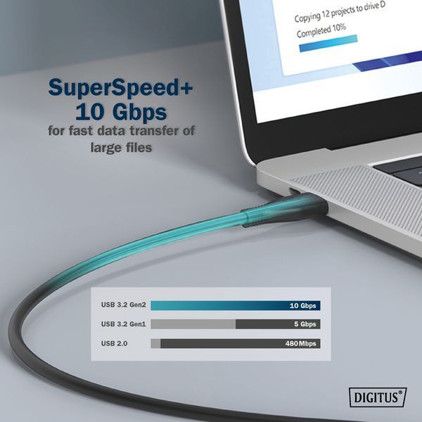 Кабель DIGITUS USB-C заряджання/синхронізації, USB 3.2 Gen 2, 10G, 100W, 4K, силіконовий, 1м, чорний (AK-300342-010-S) 368818 фото