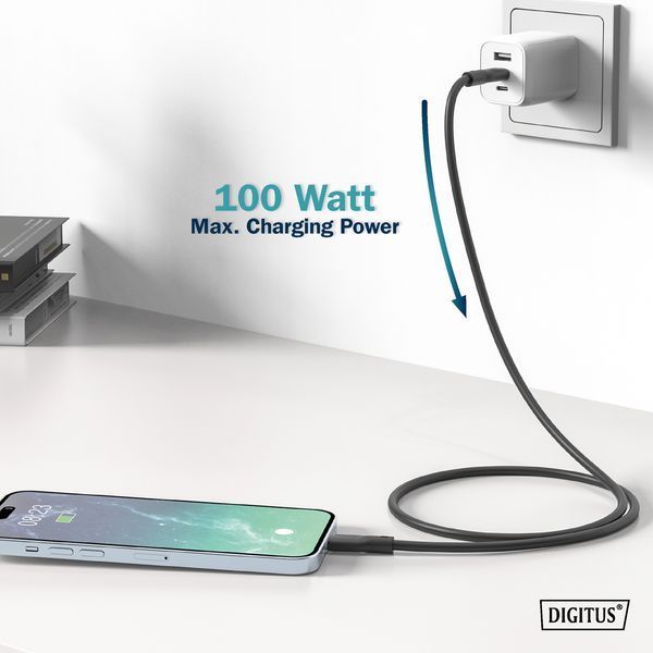 Кабель DIGITUS USB-C заряджання/синхронізації, USB 3.2 Gen 2, 10G, 100W, 4K, силіконовий, 1м, чорний (AK-300342-010-S) 368818 фото