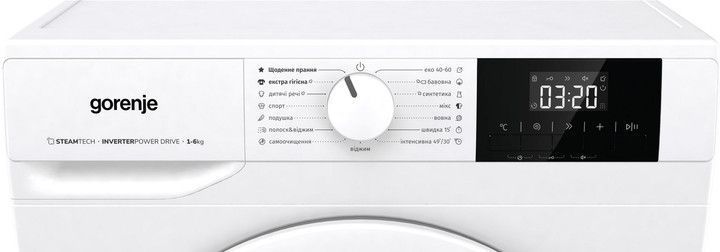 Пральна машина Gorenje фронтальна, 6кг, 1000, A+++, 43.5см, дисплей, пар, інвертор, білий (WNGPI61SBS) 375780 фото