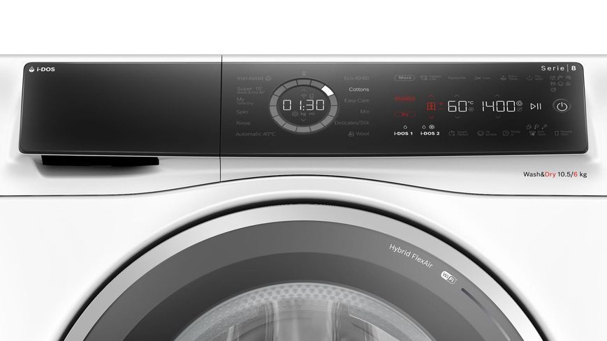 Прально-сушильна машина Bosch фронтальна, 10.5(6)кг, 1400, A, 60см, дисплей, i-Dos, інвертор, пара, білий (WNC254A0ME) 375466 фото