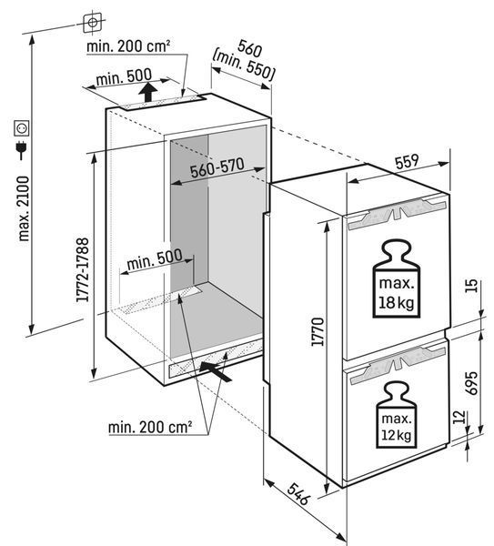 Холодильник Liebherr вбудований з нижн. мороз., 177x54.1х54.5, холод.відд.-182л, мороз.відд.-69л, 2дв., A+, ST, диспл внутр., білий (ICNF5103) 382039 фото