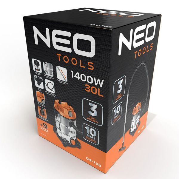 Пилосос професійний Neo Tools, 1400Вт, 18 кПа, контейнер 30л, HEPA, колеса, 5.92кг (04-738) 373324 фото