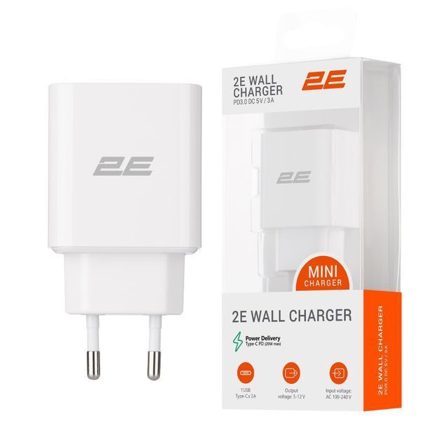 Зарядний пристрій мережевий 2E 20Вт USB-C PD, білий (2E-WC1USBC20W-W) 364833 фото