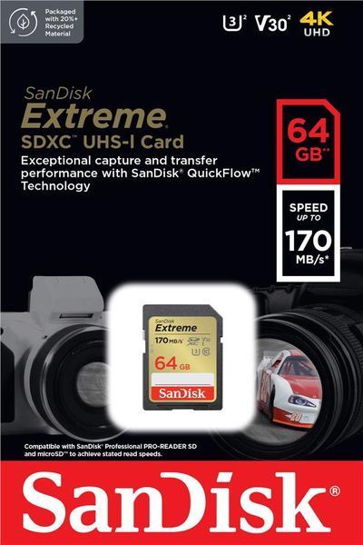 Карта пам'яті SanDisk SD 64GB C10 UHS-I U3 R170/W80MB/s Extreme V30 (SDSDXV2-064G-GNCIN) 375283 фото