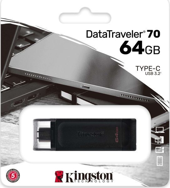 Флеш-накопичувач USB3.2 64GB Type-C Kingston DataTraveler 70 Black (DT70/64GB) 339166 фото