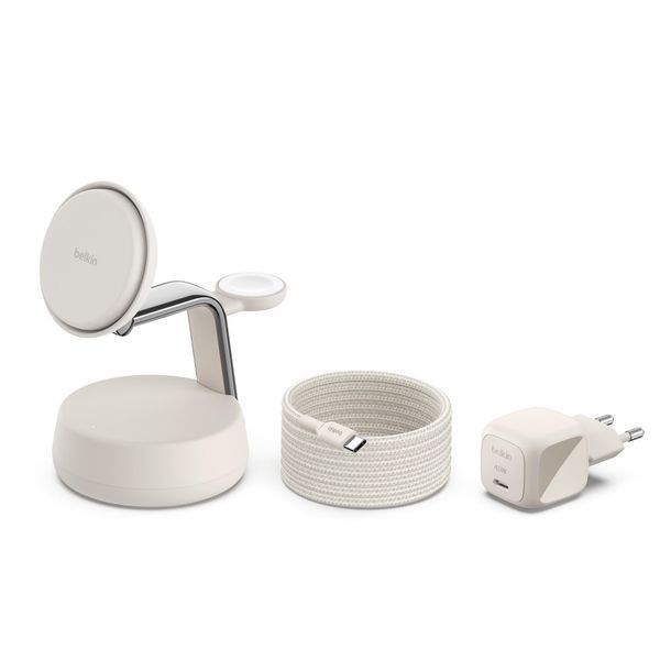 Зарядний пристрій бездротовий Belkin UltraCharge Pro 3-in-1 Magnetic Charging Dock 25Вт, Sand (WIZ040KQSD) 395664 фото