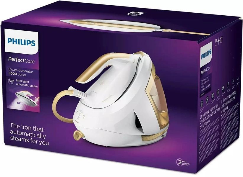 Праска-парогенератор Philips PerfectCare 8000 Series, 2700Вт, 1800мл, паровий удар -600гр, постійна пара - 170гр, нерж. сталь, біло-золотий (PSG8040/6 375189 фото