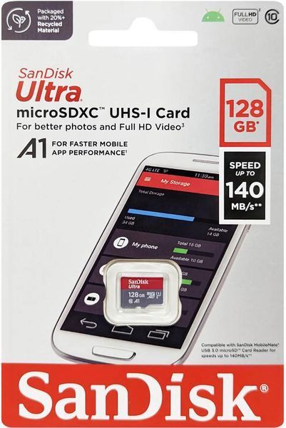 Карта пам'яті SanDisk microSD 128GB C10 UHS-I R140MB/s Ultra (SDSQUAB-128G-GN6MN) 374023 фото