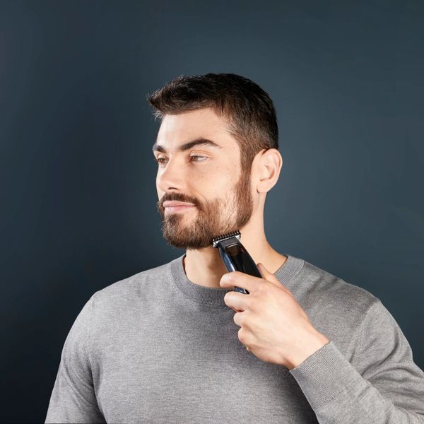 Тример Rowenta Barber Experience, для голови, бороди, мережа+акум., роторний мотор, насадок-5, нержавіюча сталь з покриттям DLC, чорно-синій (TN1851E0 371446 фото