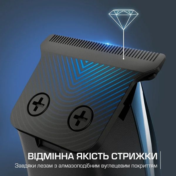 Тример Rowenta Barber Experience, для голови, бороди, мережа+акум., роторний мотор, насадок-5, нержавіюча сталь з покриттям DLC, чорно-синій (TN1851E0 371446 фото