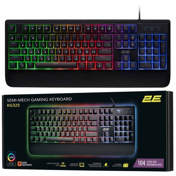 Клавіатура мембранна 2E GAMING KG325 104key, USB-A, EN/UA/RU, LED, чорний (2E-KG325UB) 364212 фото