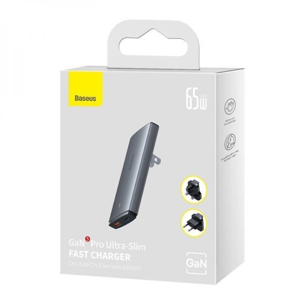 Зарядний Пристрій Baseus GaN5 Pro 65W Ultra-Slim (Type-C + USB) + Кабель Type-C to Type-C 100W (1м) (CCGP150113) Gray 272632 фото