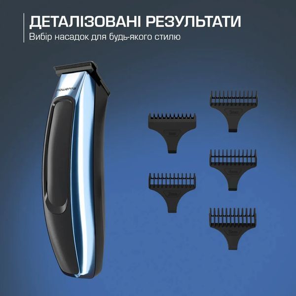 Тример Rowenta Barber Experience, для голови, бороди, мережа+акум., роторний мотор, насадок-5, нержавіюча сталь з покриттям DLC, чорно-синій (TN1851E0 371446 фото