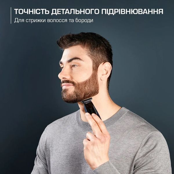 Тример Rowenta Barber Experience, для голови, бороди, мережа+акум., роторний мотор, насадок-5, нержавіюча сталь з покриттям DLC, чорно-синій (TN1851E0 371446 фото