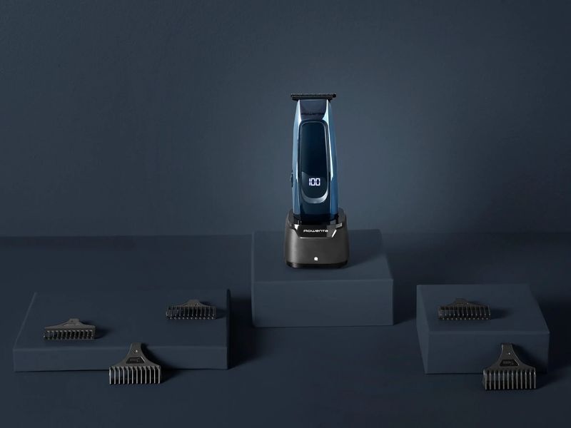 Тример Rowenta Barber Experience, для голови, бороди, мережа+акум., роторний мотор, насадок-5, нержавіюча сталь з покриттям DLC, чорно-синій (TN1851E0 371446 фото
