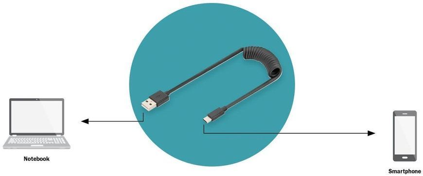Кабель DIGITUS USB-C > USB-A заряджання/синхронізації, Type-C, спіральний, 1м, чорний (AK-300430-006-S) 363017 фото