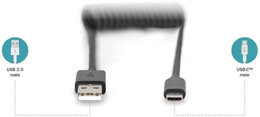 Кабель DIGITUS USB-C > USB-A заряджання/синхронізації, Type-C, спіральний, 1м, чорний (AK-300430-006-S) 363017 фото