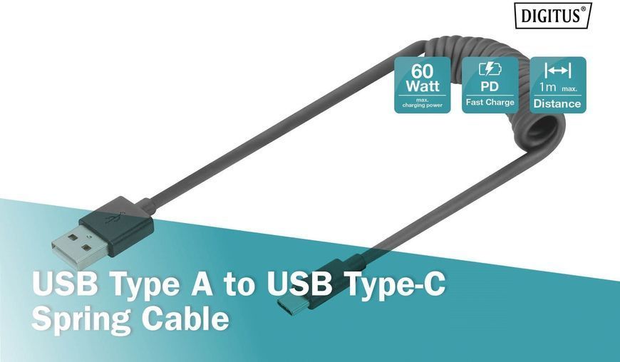 Кабель DIGITUS USB-C > USB-A заряджання/синхронізації, Type-C, спіральний, 1м, чорний (AK-300430-006-S) 363017 фото