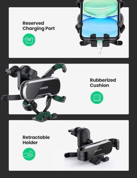 Автомобільний тримач UGREEN LP228 Gravity Drive Air Vent Car Mount Phone Holder With Arc-Shaped Mounting Clip (80871) Black 288267 фото