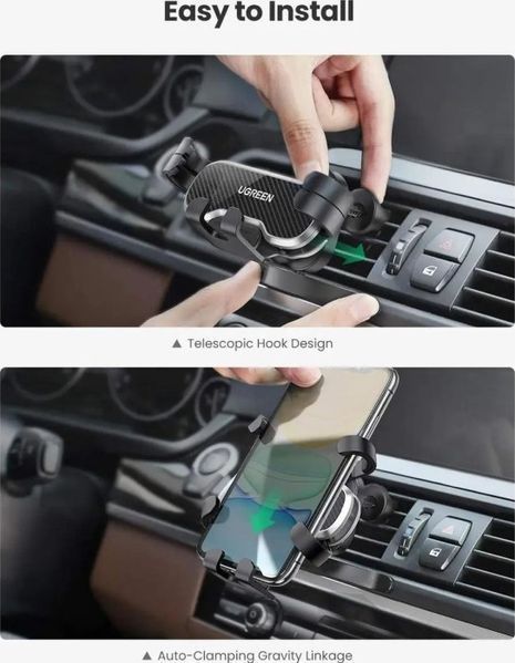 Автомобільний тримач UGREEN LP228 Gravity Drive Air Vent Car Mount Phone Holder With Arc-Shaped Mounting Clip (80871) Black 288267 фото