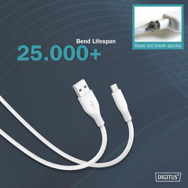 Кабель DIGITUS USB-A > Lightning заряджання/синхронізації, USB 2.0, 12W, силіконовий, 1м, білий (AK-600108-010-W) 363022 фото