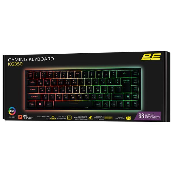 Клавіатура мембранна 2E GAMING KG350 68key, USB-A, EN/UA/RU, RGB, чорний (2E-KG350UBK) 364213 фото