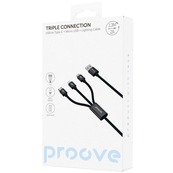 Кабель Proove Triple Connection 3 in 1 Type-C + Micro USB + Lightning (1.3m) (CCTC15001501) black 396936 фото