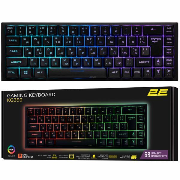 Клавіатура мембранна 2E GAMING KG350 68key, USB-A, EN/UA/RU, RGB, чорний (2E-KG350UBK) 364213 фото