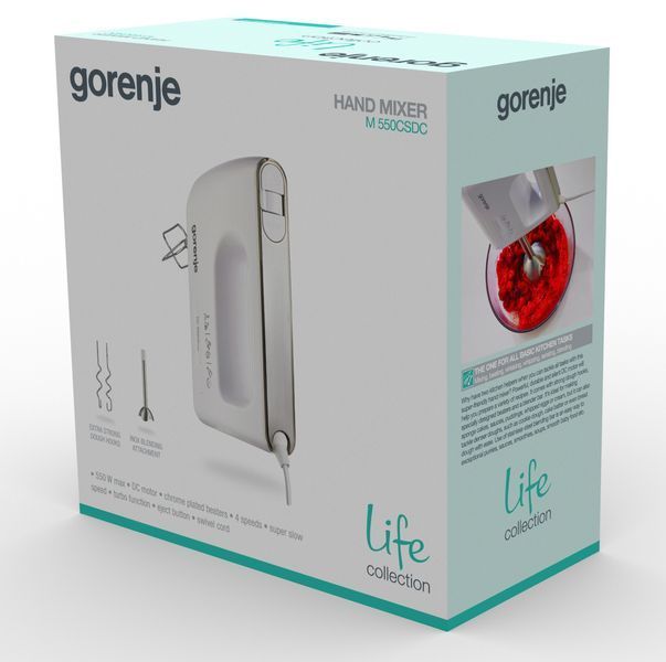 Міксер Gorenje ручний 550Вт, насадки-4 вінчика + блендер, турборежим, білий (M550CSDC) 370510 фото