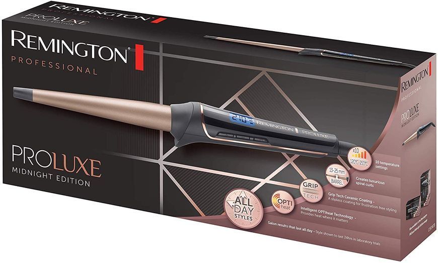 Плойка Remington ProLuxe Midnight Edition, конусна, 37Вт, темп.режимів-10, D-13-25mm, 120-210С, дисплей, кераміка, чорний (CI91W1B) 366369 фото