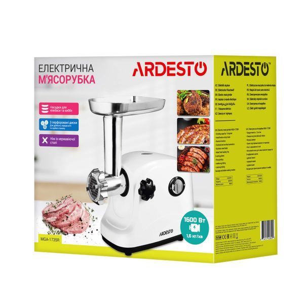 М'ясорубка Ardesto, 1600Вт, 1.6кг/хв, 3 решітки, насадка для ковбас, кеббе, пластик, білий (MGA-1735R) 369169 фото